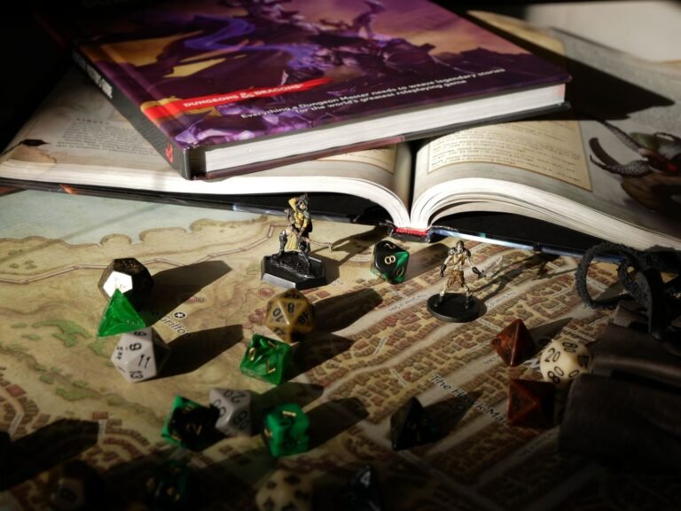 Tabletop RPG setup with rulebooks, dice, and figurines on a map