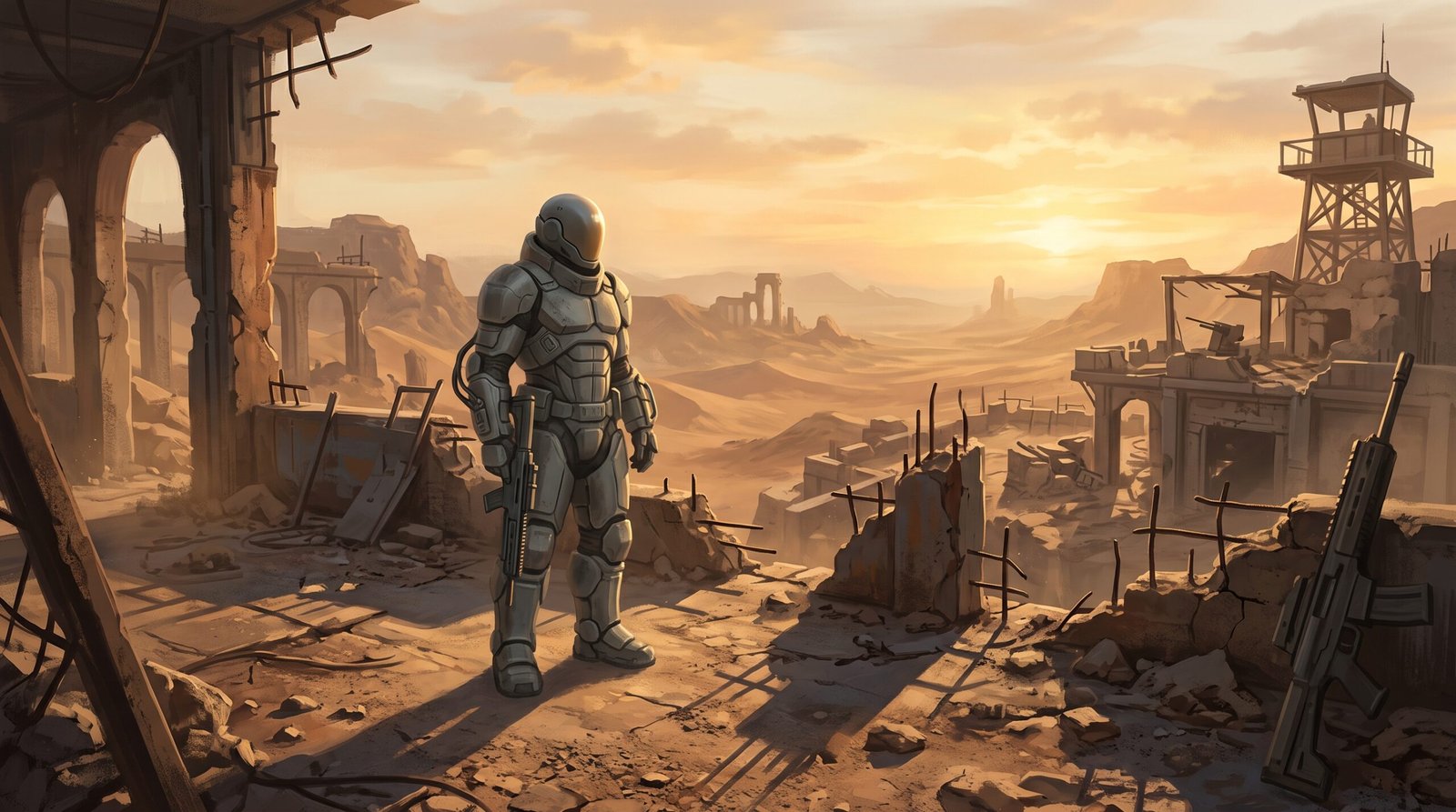 Warhammer Lone armored soldier in a grey sci-fi suit standing in a ruined desert outpost at golden hour