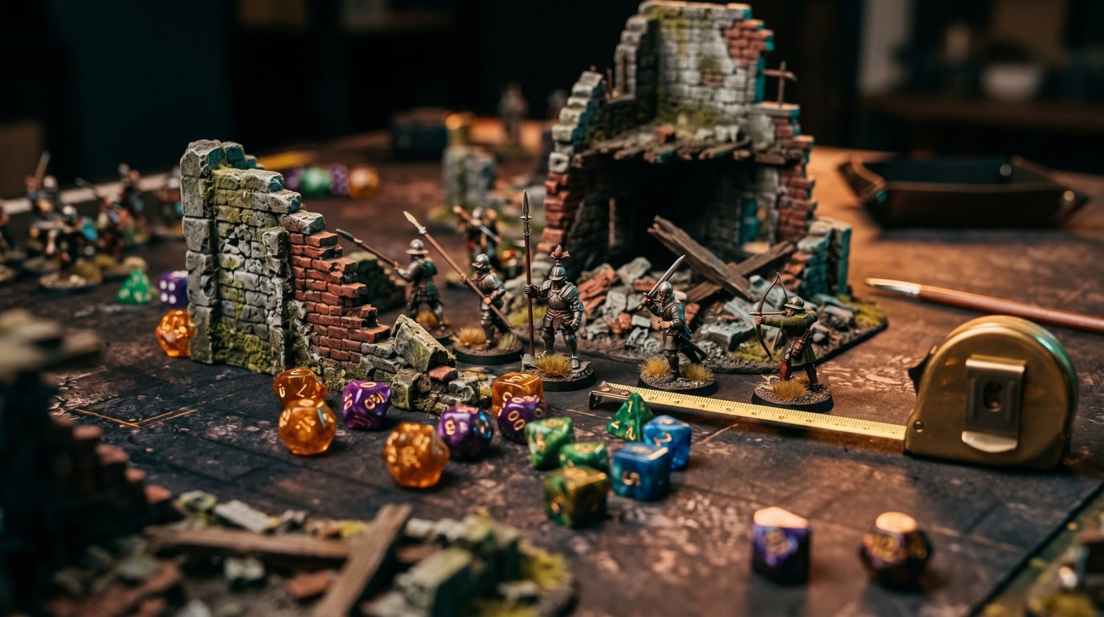 Warhammer Hand-built ruined terrain, painted miniature soldiers, polyhedral dice and a tape measure on a gaming mat