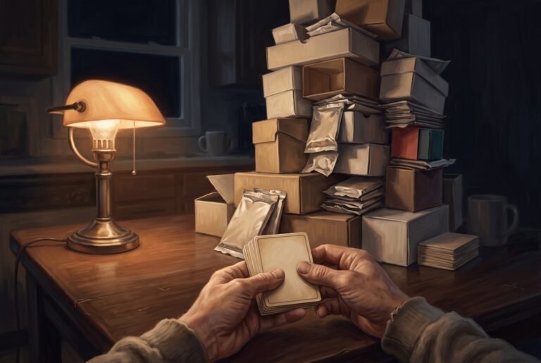 Hands holding a small stack of blank trading cards at a lamp-lit table while a tall stack of card boxes and booster packs towers behind them