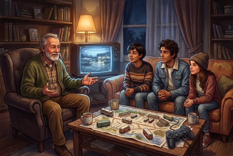 An older man in a green cardigan tells a story to three younger people in a lamp-lit living room, with a toy-bus map of a bus yard on the coffee table and a bus depot glowing on an old TV