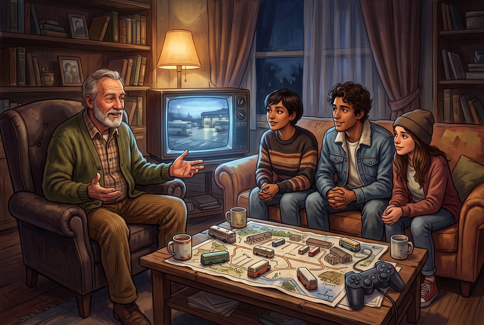 An older man in a green cardigan tells a story to three younger people in a lamp-lit living room, with a toy-bus map of a bus yard on the coffee table and a bus depot glowing on an old TV