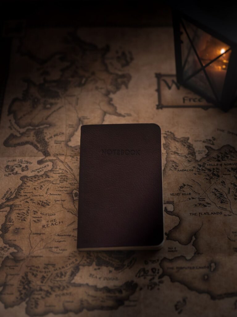 A notebook and a lantern resting on an antique map