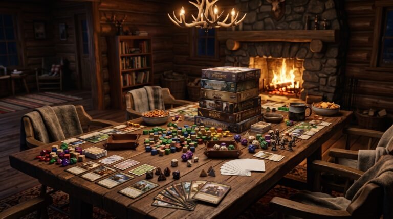 Board games, cards, dice and snacks spread across a rustic wooden table in a log cabin by a fireplace