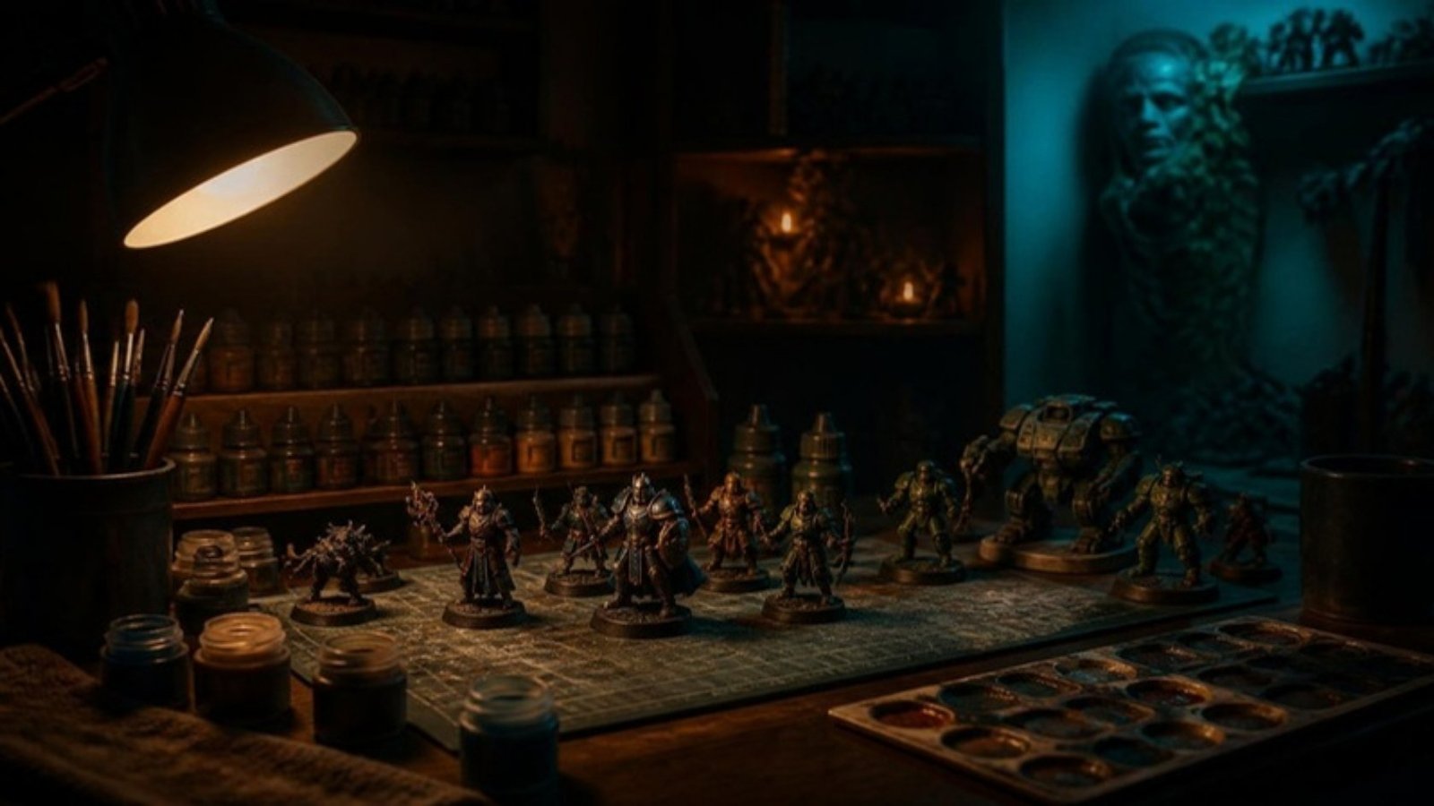 Warhammer Miniature painting desk with painted figures, brushes and paint pots under lamplight