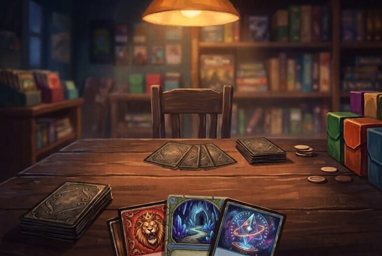 Illustration of a dim game store table under a lamp, with a fanned hand of cards, stacked decks, three face-up fantasy cards and an empty wooden chair across the table
