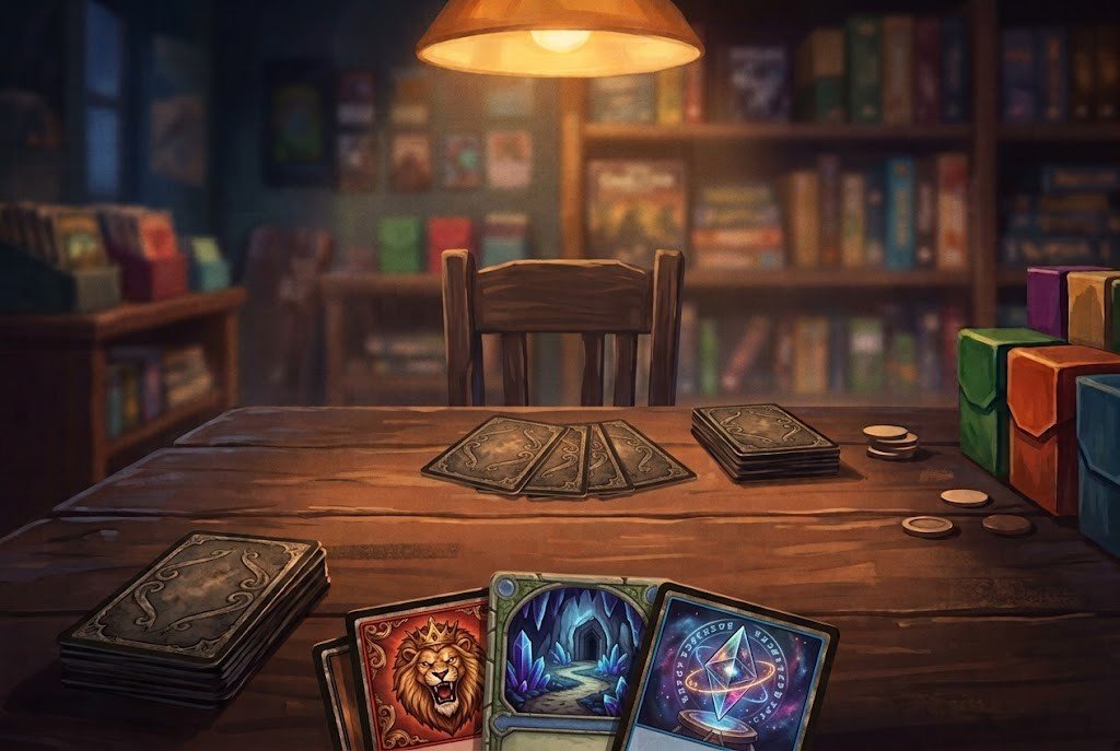 Illustration of a dim game store table under a lamp, with a fanned hand of cards, stacked decks, three face-up fantasy cards and an empty wooden chair across the table